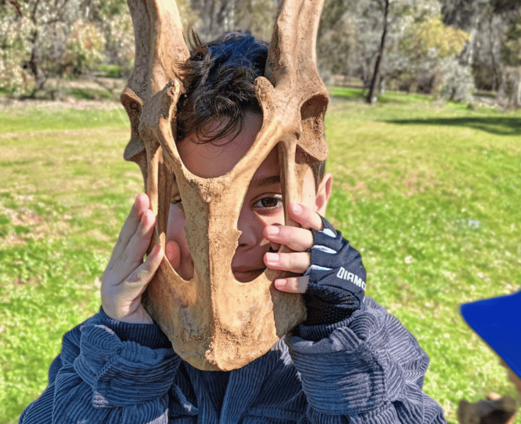 A student holding up a replica of a bone.